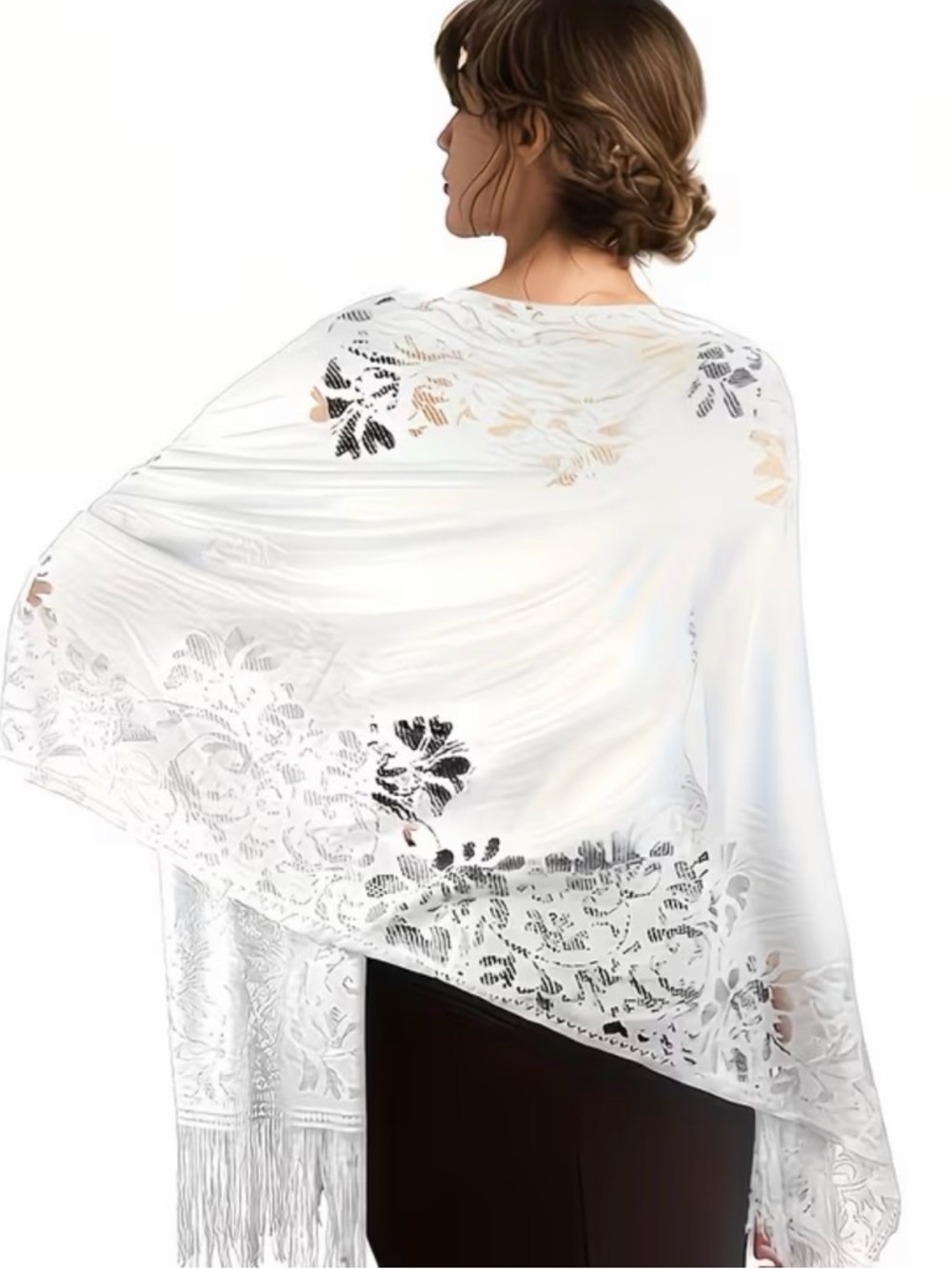 White Floral Lace Fringe Shawl Wrap